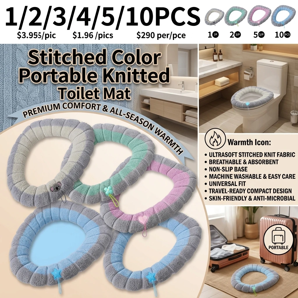  1/2/3/4/5/10PCS Stitched Color Portable Knitted Toilet Mat Thickened Washable Antifreeze Toilet Cover Thickened Knitted O Type