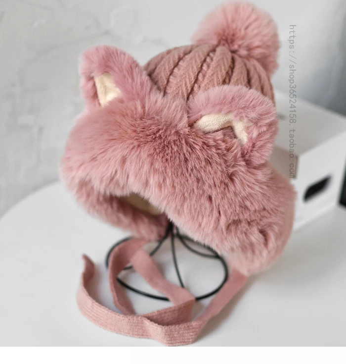 2022 Korean Winter New Cat Ear Plush Hat Thickened Warm Ear Protection Hat Outdoor Riding Strap Wool Hat Women's Protection Hat