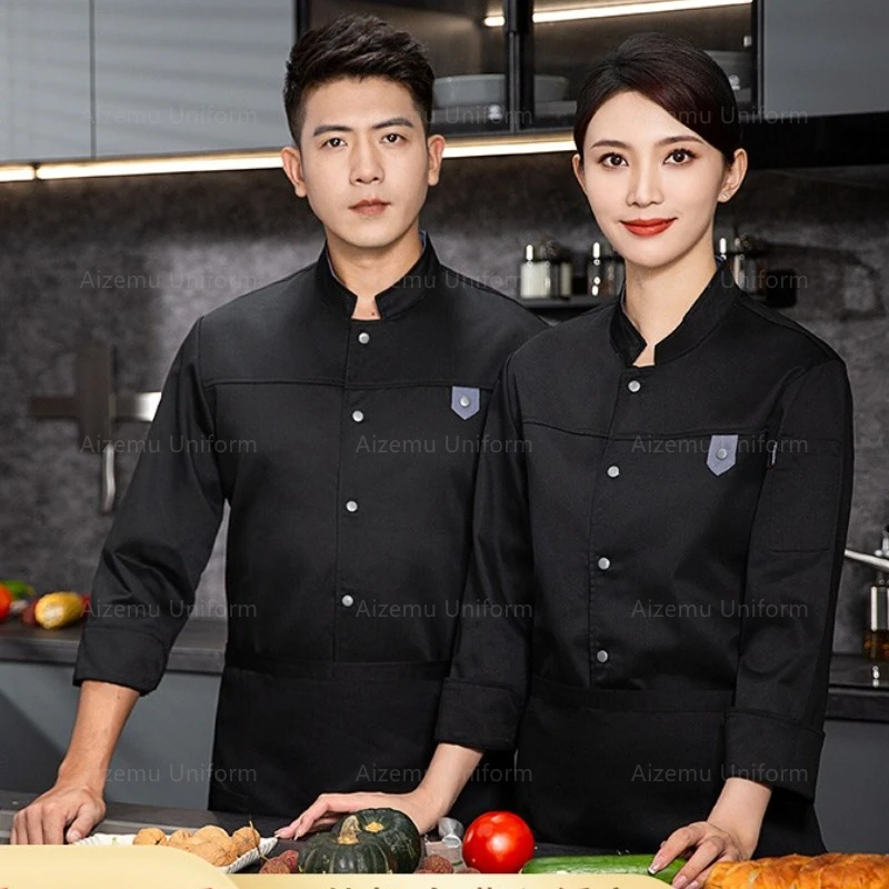 

Long Sleeve grey Chef Jacket chef uniform Cook Coat Chef T-shirt Baker Work Uniform Waiter Restaurant Hotel Clothes women Logo
