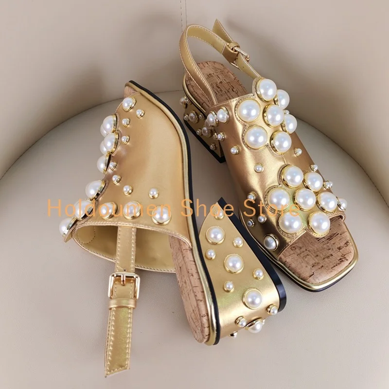 Luxury Pearl String Bead Square Toe Vintage Sandal Fashion Slingback Buckle Strap Square Pearl Embellished Heel Gladiator Sandal