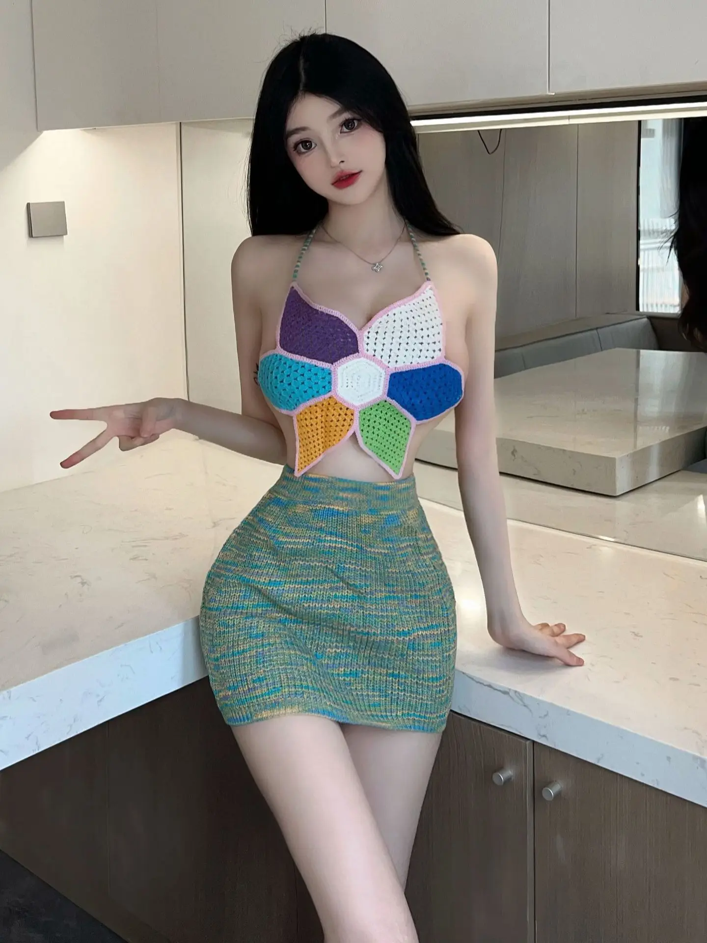 Girl Flower Tank Cute Mini Dress Cartoon Sexy Spicy Girl Flower Strap Slim Hip Short Dress Knit Fashion Women 2023 Tops 7E79