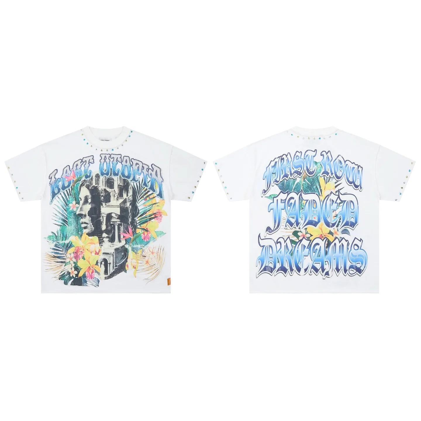 First Row TEE White Ink Direct Printing Beaded Short-Sleeved T-Shirt for Men and Women - American Street Fashion Trend