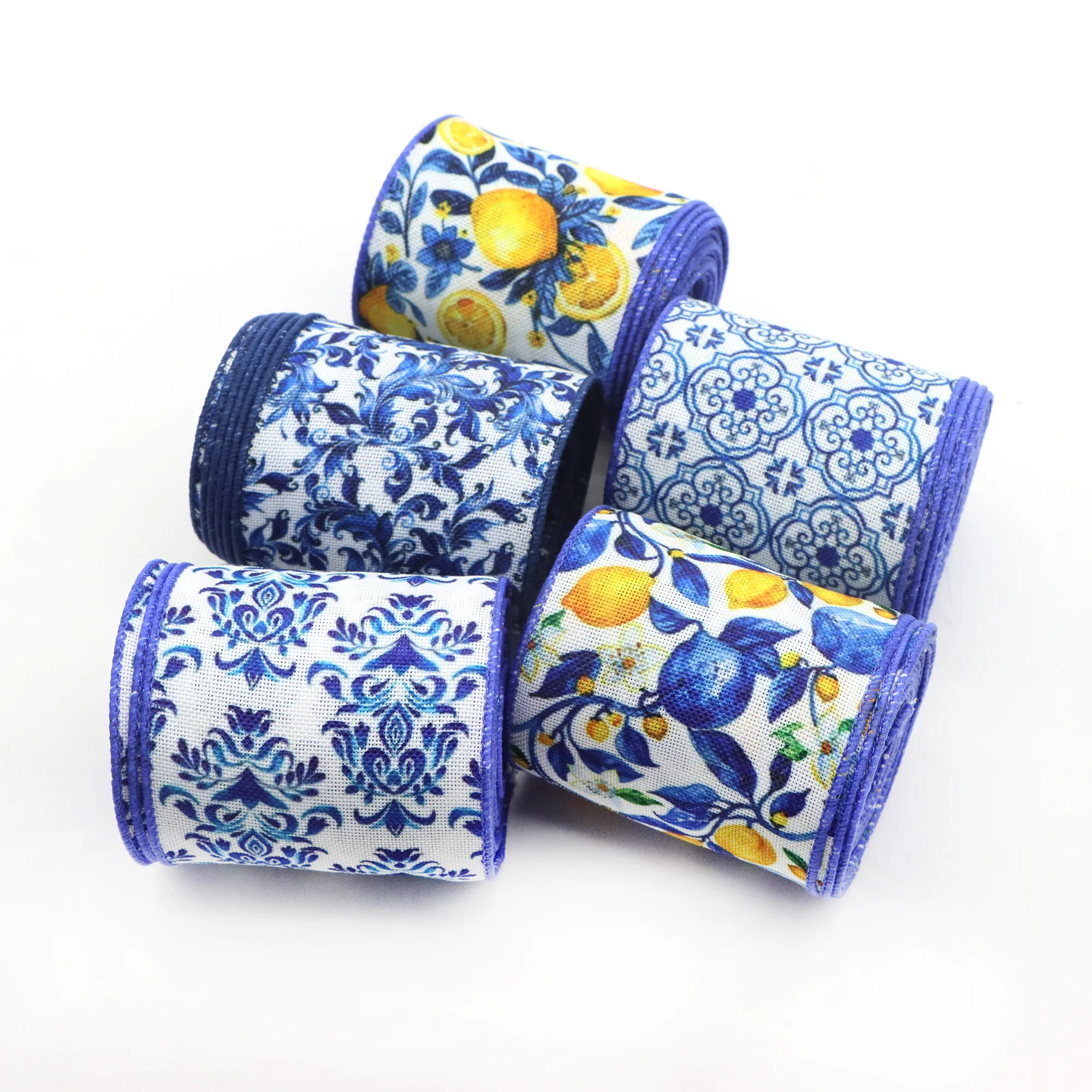 1pcs Lemon & Floral Wired Edge Ribbon, 5 Yards/roll, 2.5