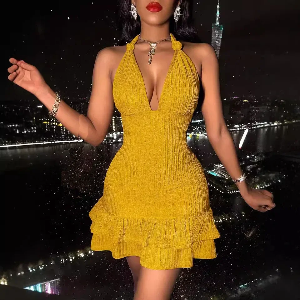 

Women Trendy Dress Hanging Neck Sexy Low Cut Slim Sleeveless Solid Color Robe Femme Bag Buttock Dresses 2025 Summer New Fashion