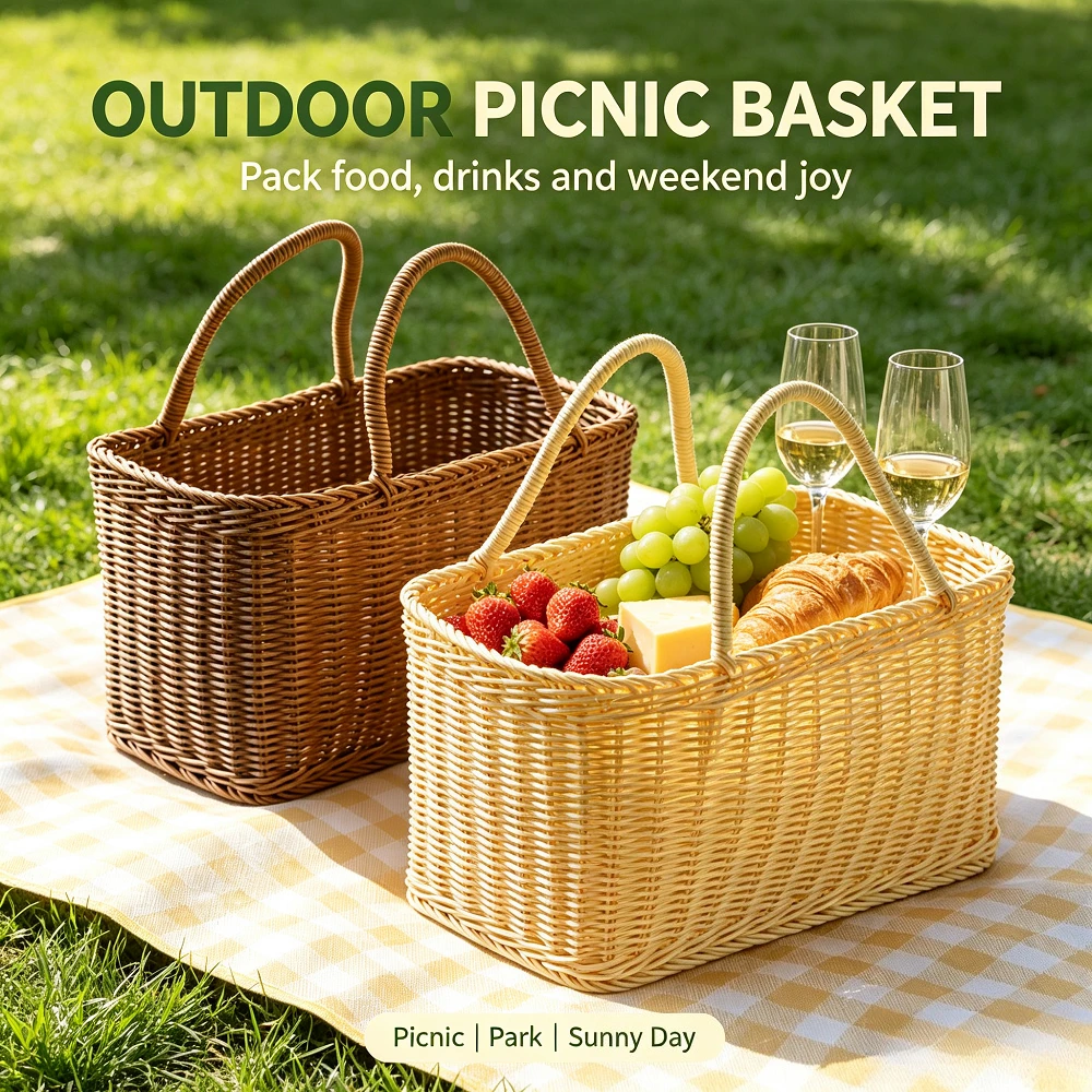 Handwoven Rattan Shopping Basket Portable Picnic Hand Basket Fruit Vegetable Storage Basket For Home Garden Grocery Organizer view 6