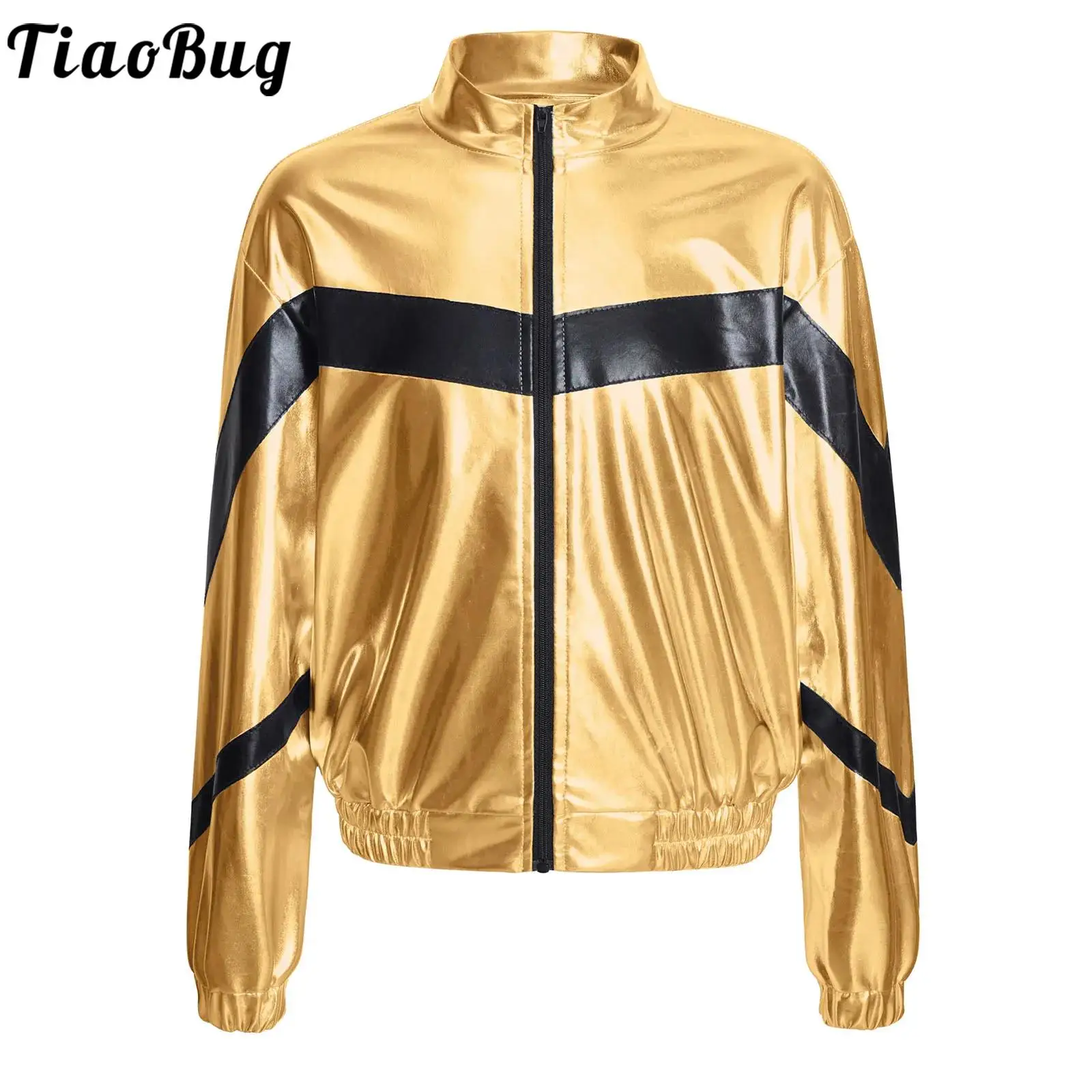 

Kids Boys Girls Jazz Hip Hop Street Dance Costumes Shiny Metallic Long Sleeves Bomber Jacket Bronzing Motor Coat Outerwear