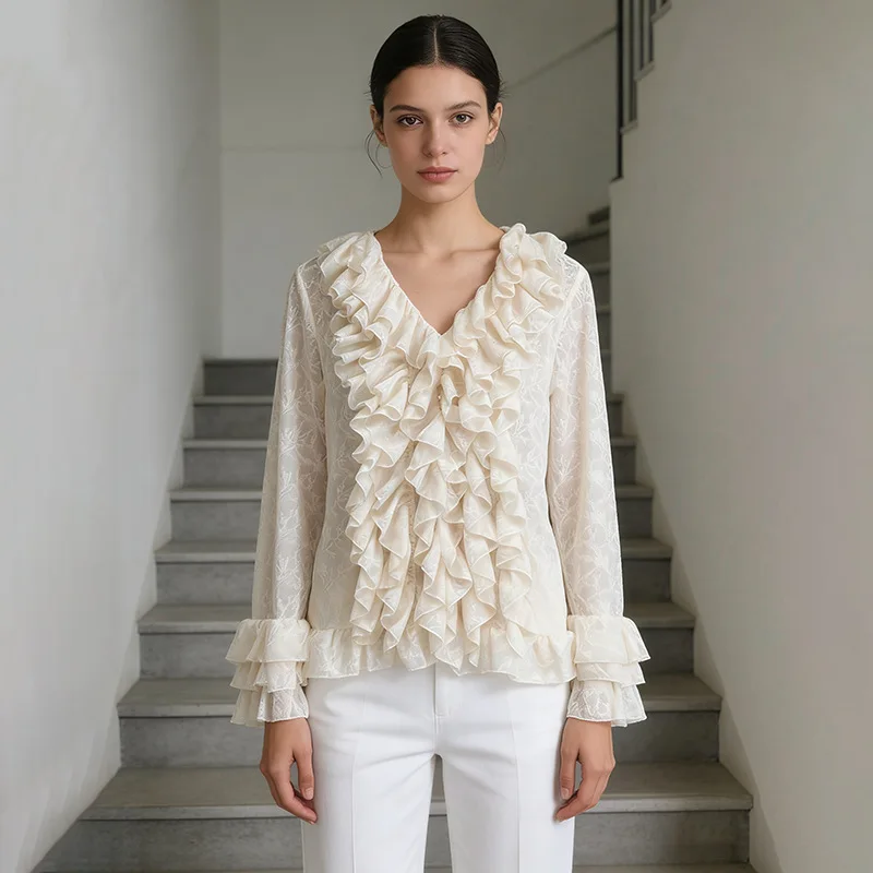 

Элегантная женская рубашка во французском стиле с оборками, повседневная, осенне-зимняя, для женщин