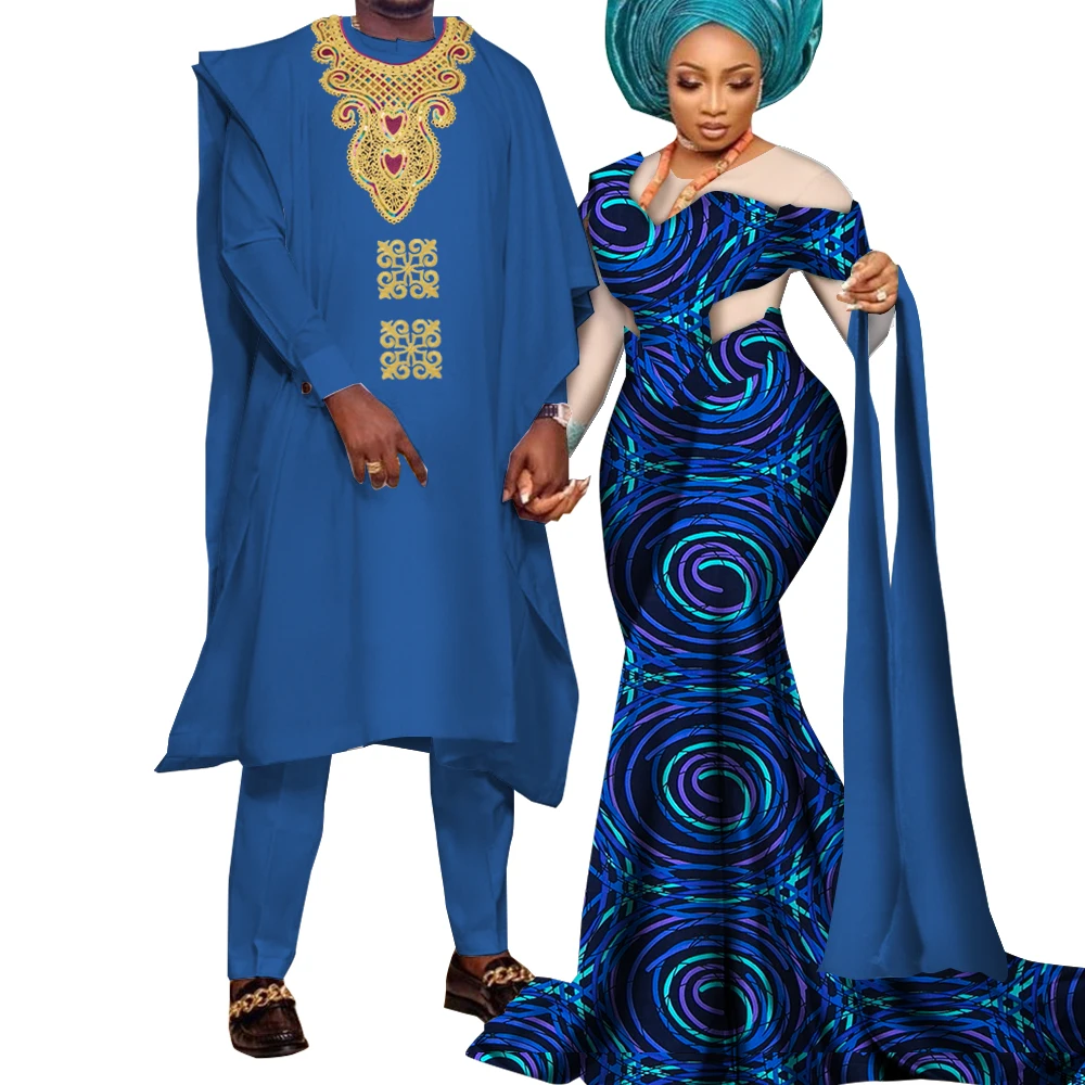 2024 African Couple Clothes Party Dresses for Women Riche Men Print Robe Shirt with Trousers Suits Sets Wedding Clothing Wyq922