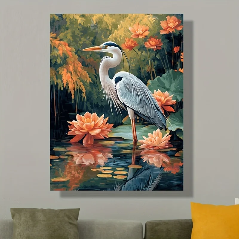 Elegant Heron & For Lotus Leaves Canvas Art Print - Realistic Autumn Landscape, High-Definition, Fade-Resistant, Frameless Wa