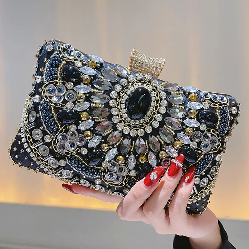 

High-end Handmade Evening Bags Female One Side String Crystal Beads Clutch Bag Formal Party Engagement Mom's Banquet Handbag