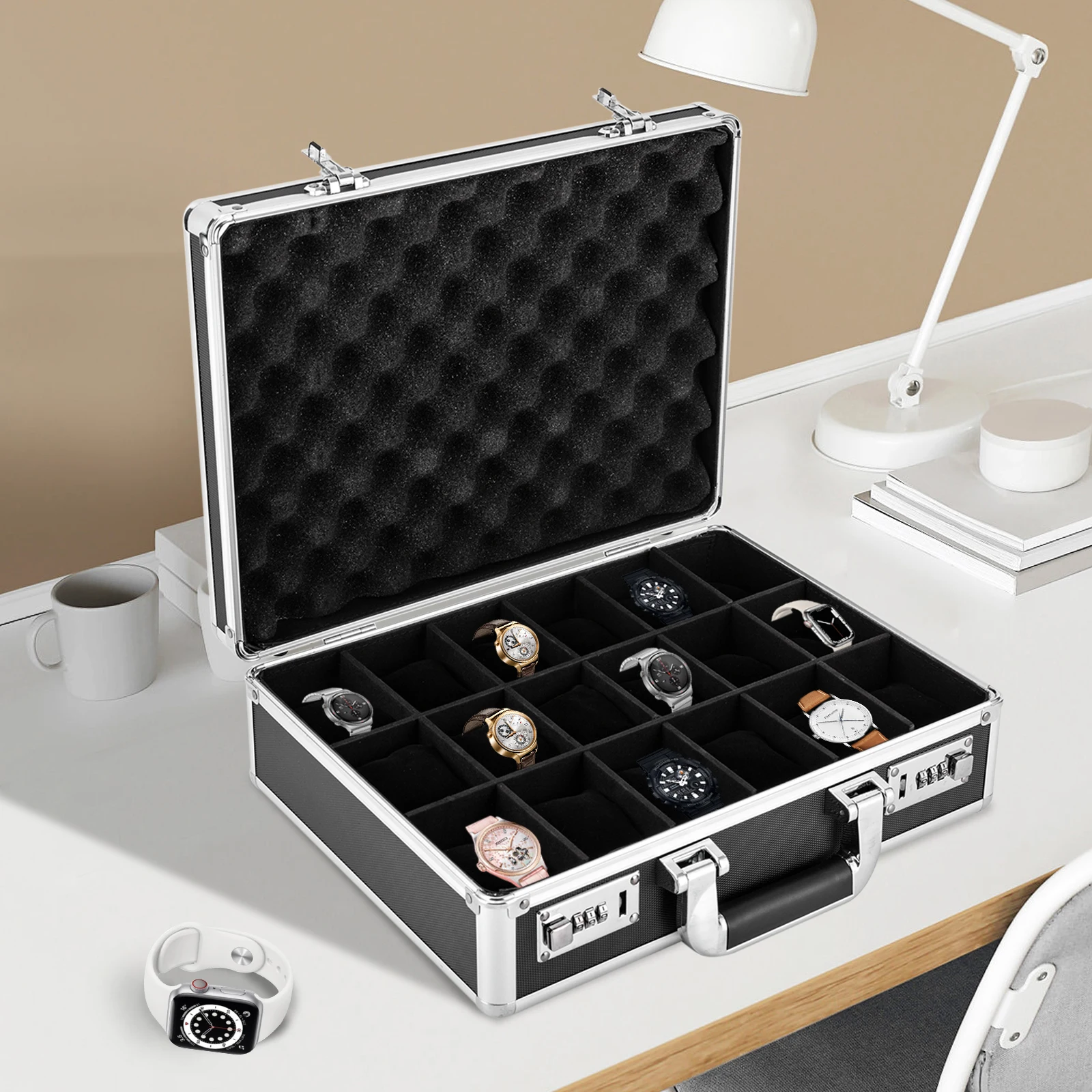 

18 Slots 36*27*8cm Rectangular Aluminum Alloy Briefcase Black Watch Storage Box with Anti-Sleek Pads