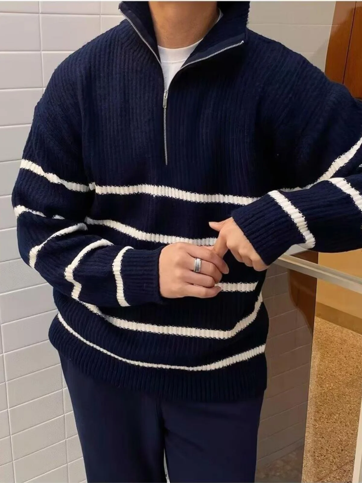 Japońska dzianina w paski, męski sweter z zamkiem błyskawicznym, golf, płaszcz, styl Sea Soul, luźny krój casualowy.
