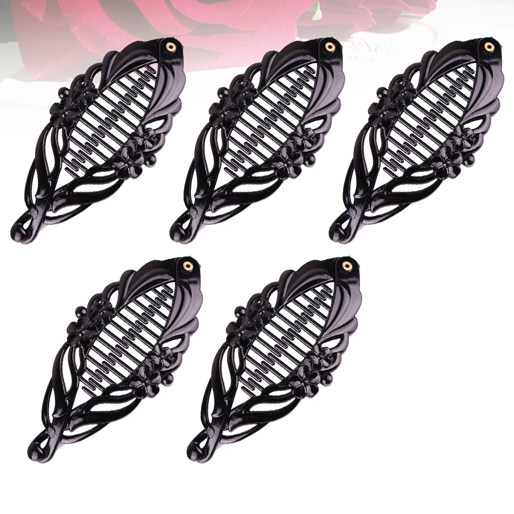 

5pcs Flower Fish Clips Black Medium Size Non-Slip Ponytail Holder For Women Plastic Hairpins Creative Banana Hair Clip