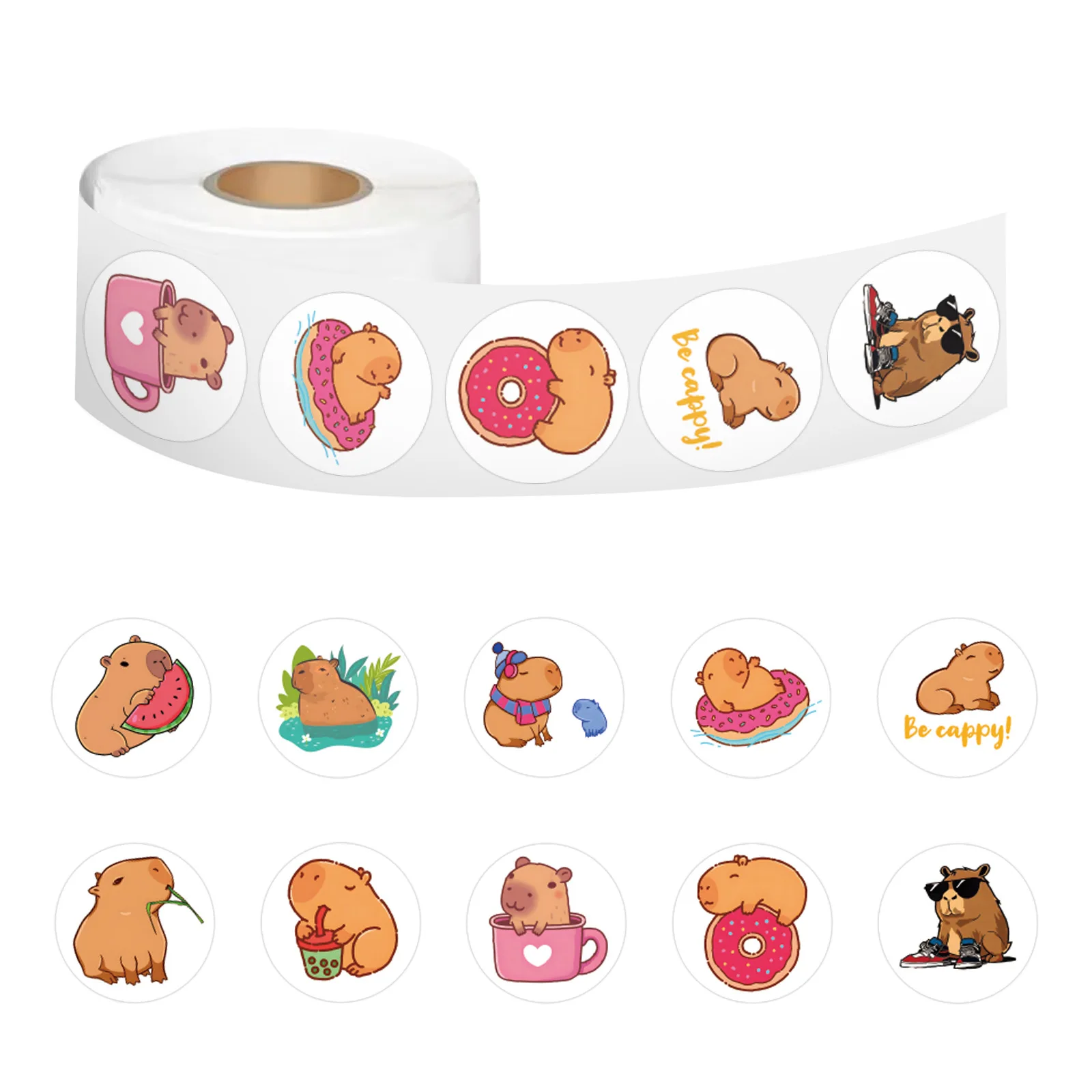 500Pcs/Roll Cartoon Cute Animal Capybara Roll Sticker Funny 