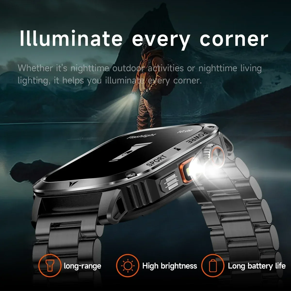 KAPULUN AK80 2.01" HD Large Screen LED Flashlight Outdoor 100+ Sports Modes Heart Rate Bluetooth Call Smartwatch For Men Women