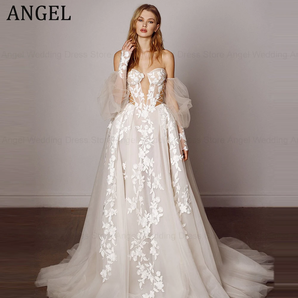 ANGEL Illusion Princess Wedding Dress Sexy Hollow Out Deep V-Neck Corset Top Brides Gown Appliques Sweep Trainсвадебное платье