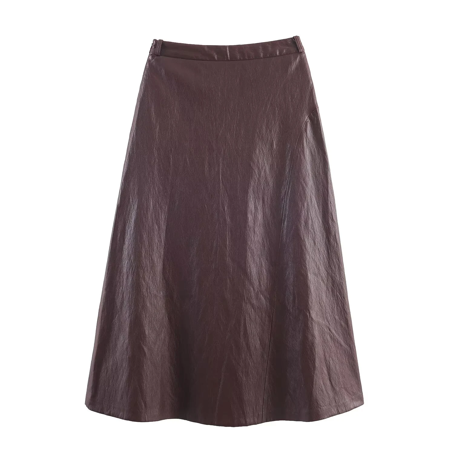 Design sense belt decoration high waisted leather effect MIDI skirt PU leather texture medium long A-line skirt