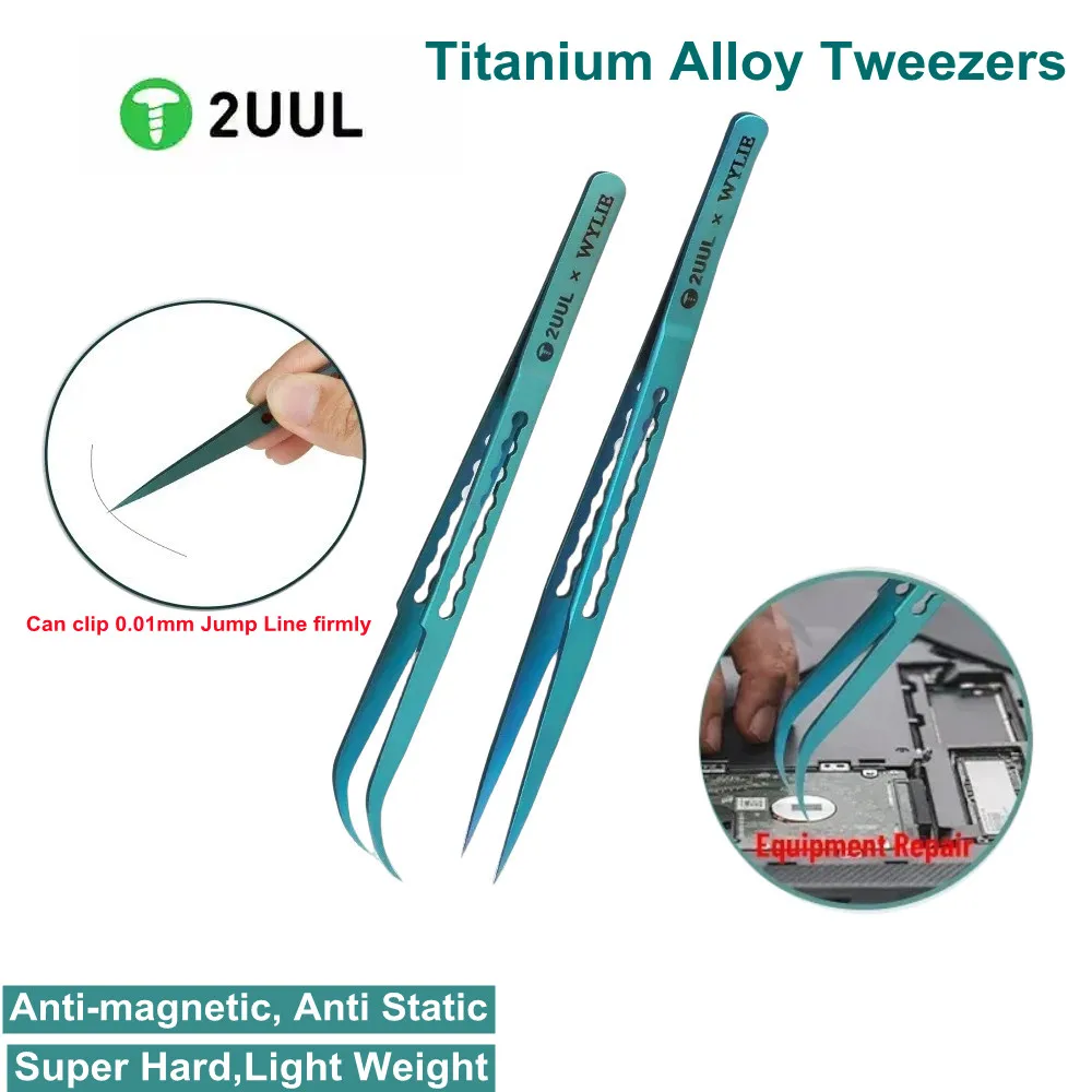 2UUL Green Titanium Alloy Tweezers Motherboard  BGA IC Chip Flying Wire Repair Forceps Precise Electronics Parts Clamping tools