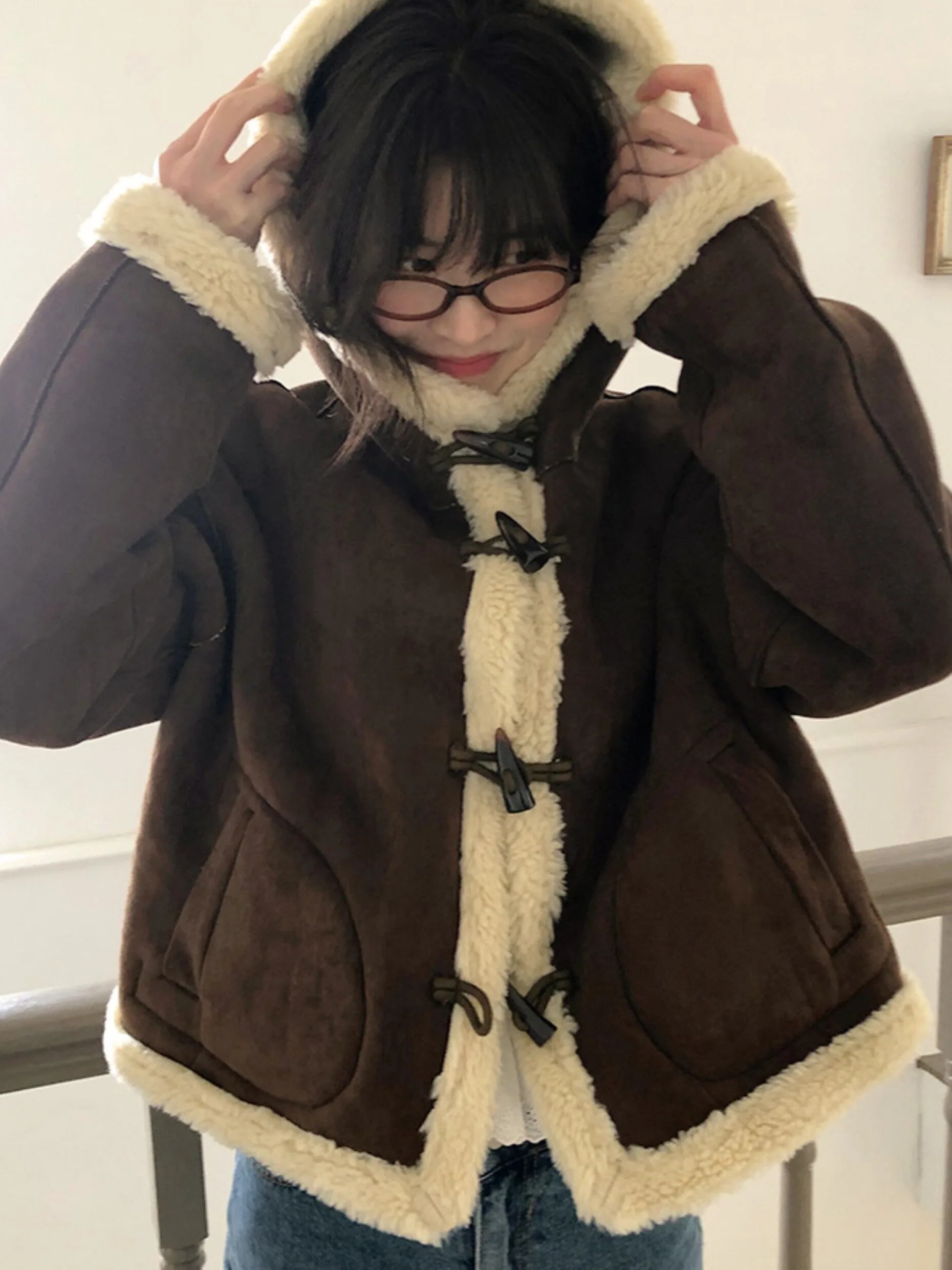 Retro Hooded Button Design Spliced Leather And Fur Long Sleeve Jacket Women Chic Cotton Outerwear High Collar Autumn Coat