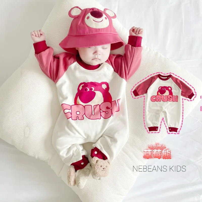 Rose Pink Bear Collection Baby Girl Boy Spring Summer Round Collar Bodysuit/Long Sleeves Romper Newborn Jumpsuit K4306