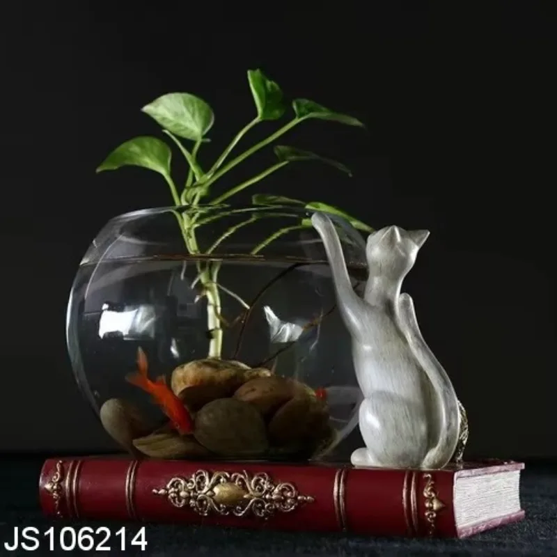 

cute indoor decoration cat resin craft aquarium fish tank glass mini fish tank