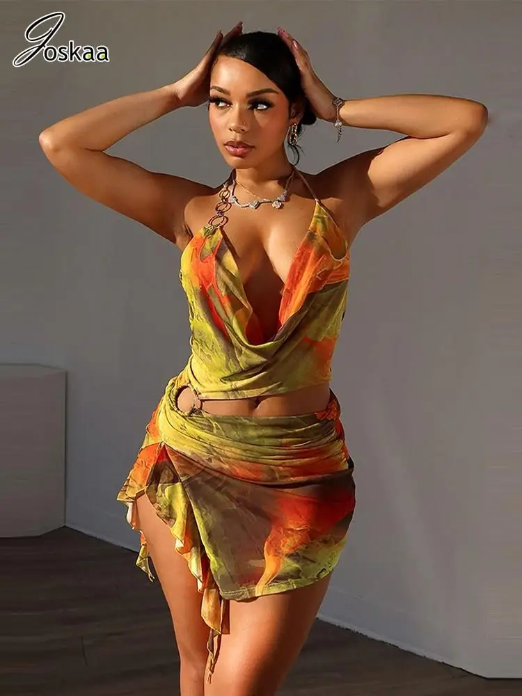 

Joskaa Colorful Print Mesh Cutout Irregular Dress Women Hipster Sexy Halter Backless Split Slim Mini Dresses 2024 Holiday Wear