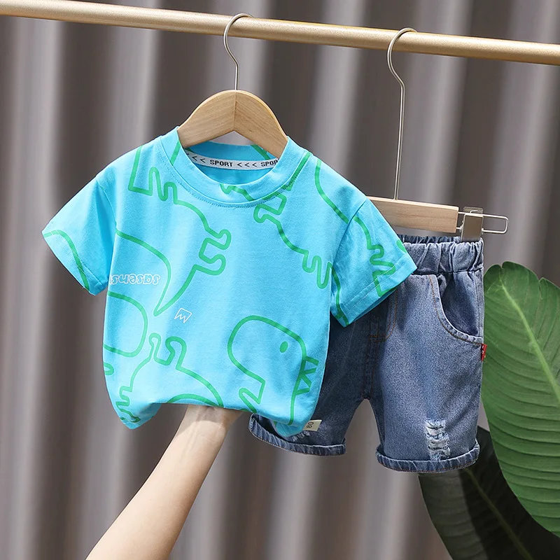 Boys Clothes Summer Fashion Crew Neck Children Tracksuit Dinosaur T-shirt Denim Shorts Suit Kids Outfit Baby Boys Set 1-5 Years