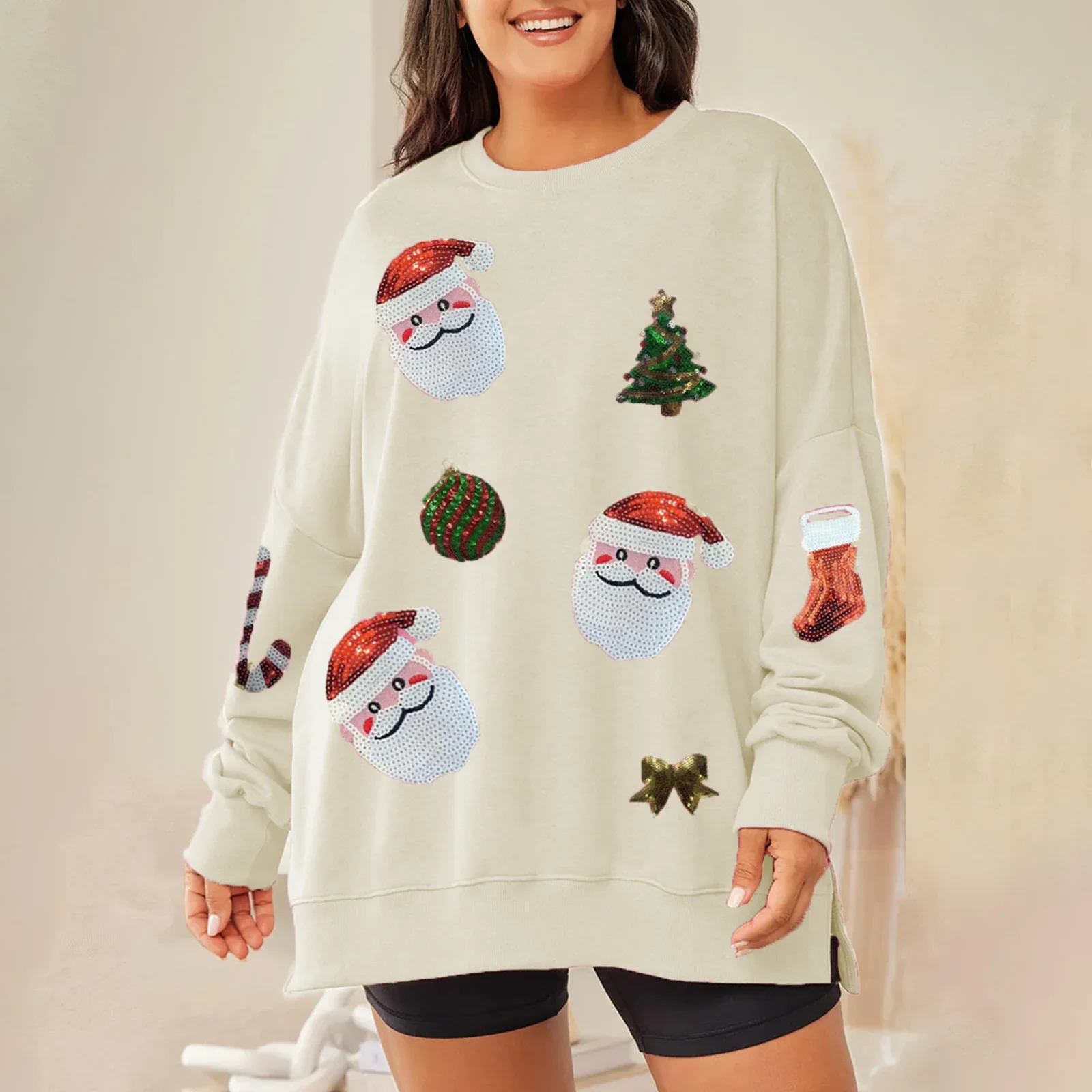 Womens Y2K Cute Loose Fit Christmas Sweatshirts Sequined Santa Graphic Long Sleeve Crew Neck Pullovers Oversized Tops