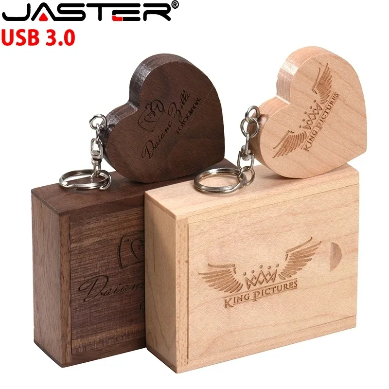 Heart-shaped Wooden High-speed USB 3.0 Flash Drive Free Custom Logo Pen Drive 128GB 64GB with Keychain Memory Stick Wedding Gift