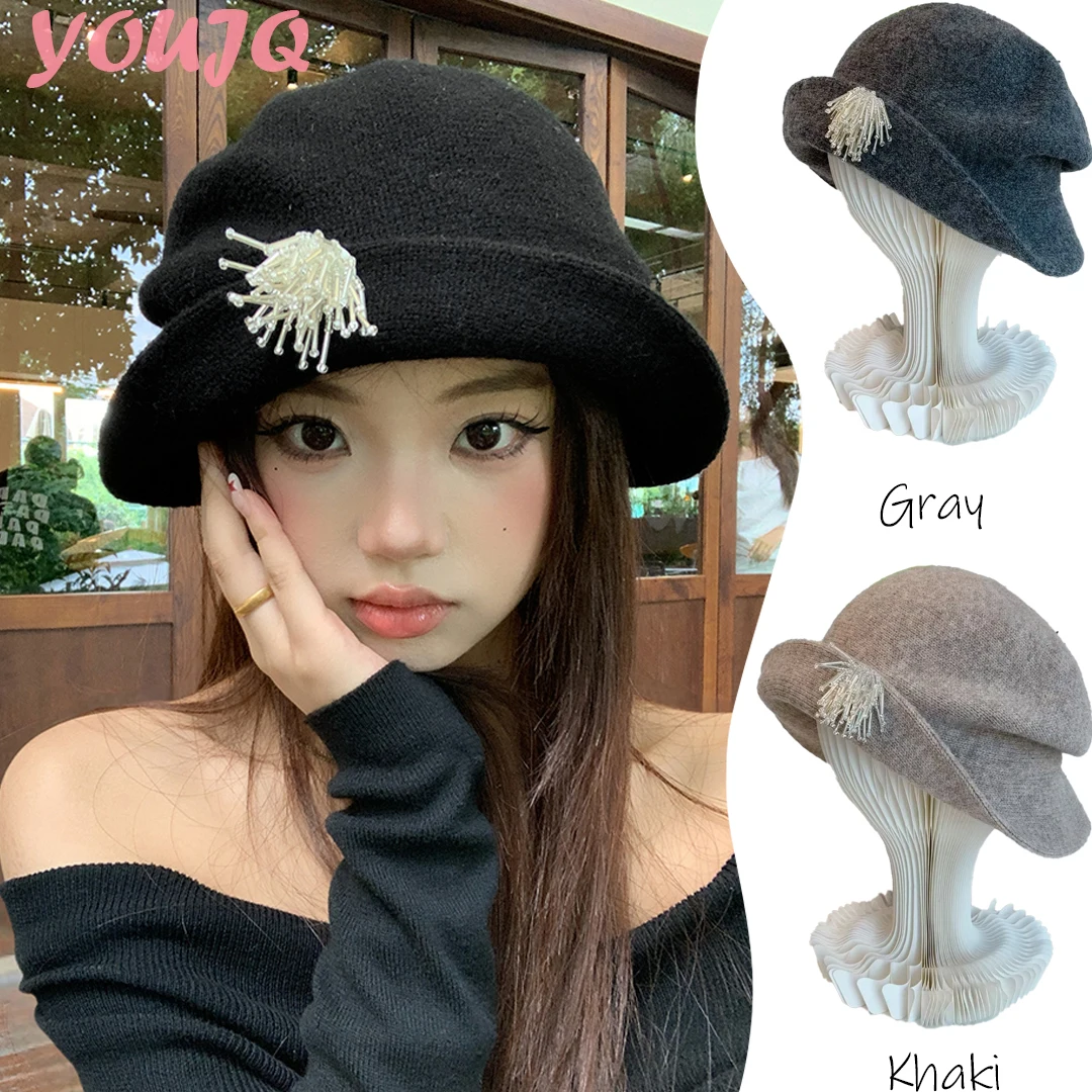 

Retro French Pearl Flower Design Woolen Bucket Hats for Women Autumn and Winter Casual Warm Versatile Elegant Dome Top Caps