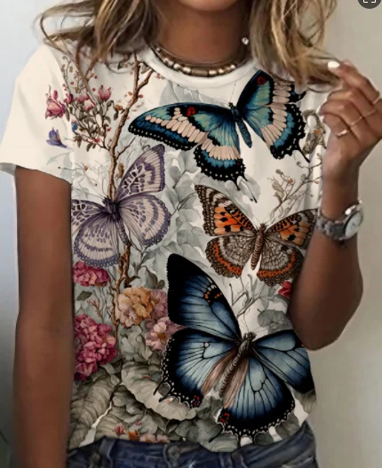 2026 Summer Fashion Trendy Fun Colorful Butterfly Beautiful Outdoor Hip Hop T-shirt Casual Loose Beach T-shirt Sports Large Size