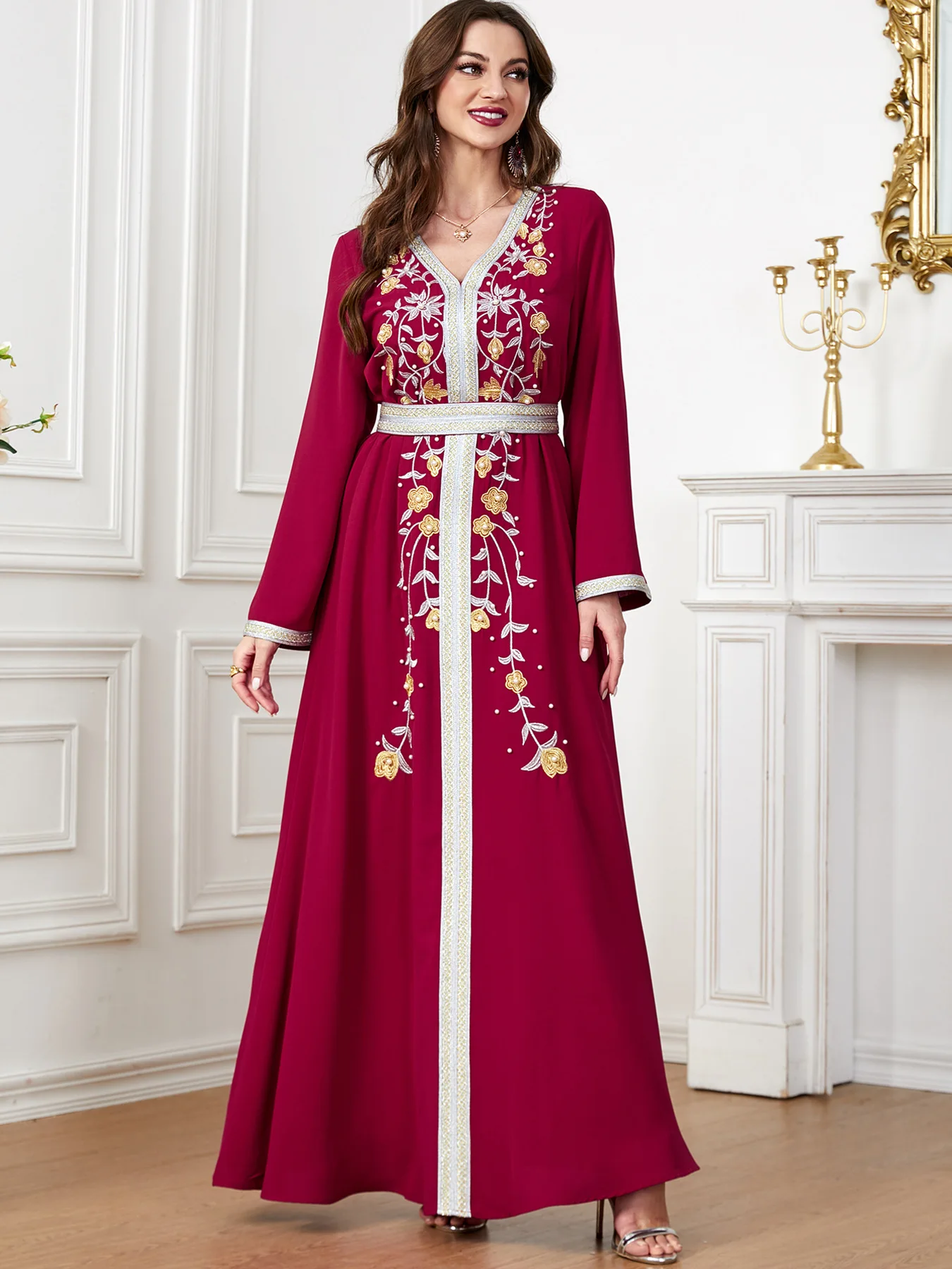 Autumn Embrodiery Eid Muslim Party Dress for Women Jalabiya Abaya Ramadan Long Dresses Abayas Woman Lace-up Caftan Vestidos Robe