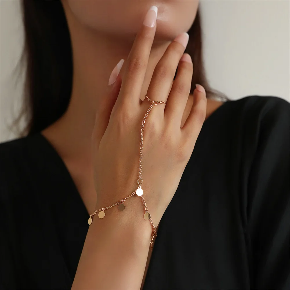 Simple Tiny Chain Bracelet Link Connected Gold plated Finger Ring Bracelets for Women Link Hand Harness Jewelry Gift