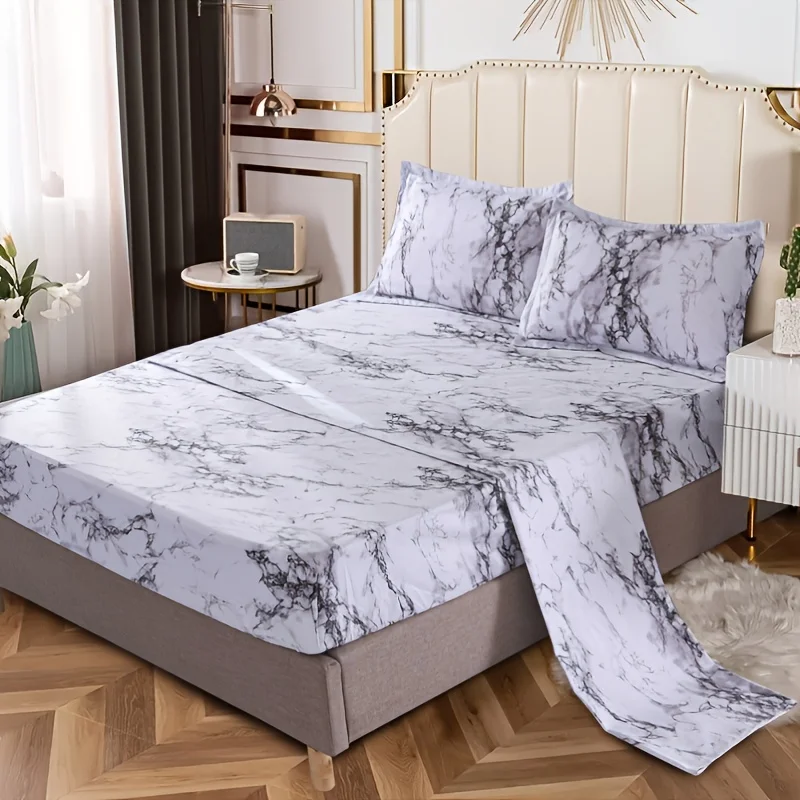 

4pcs/set Marble Brushed Fitted Sheet Set (1 Flat Sheet + 1 Fitted Sheet + 2 Pillowcases) Soft Breathable Sheets Bedding Bedroom