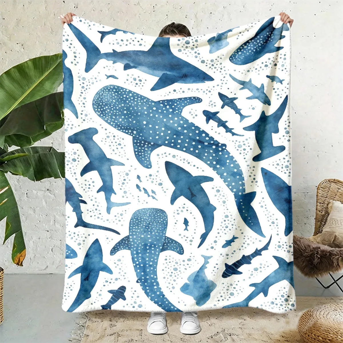 Watercolor Blue Whale Shark Hammerhead Shark Sea Animal Print Flannel Blanket Soft for Kids Ocean Home Warm Decor Gift