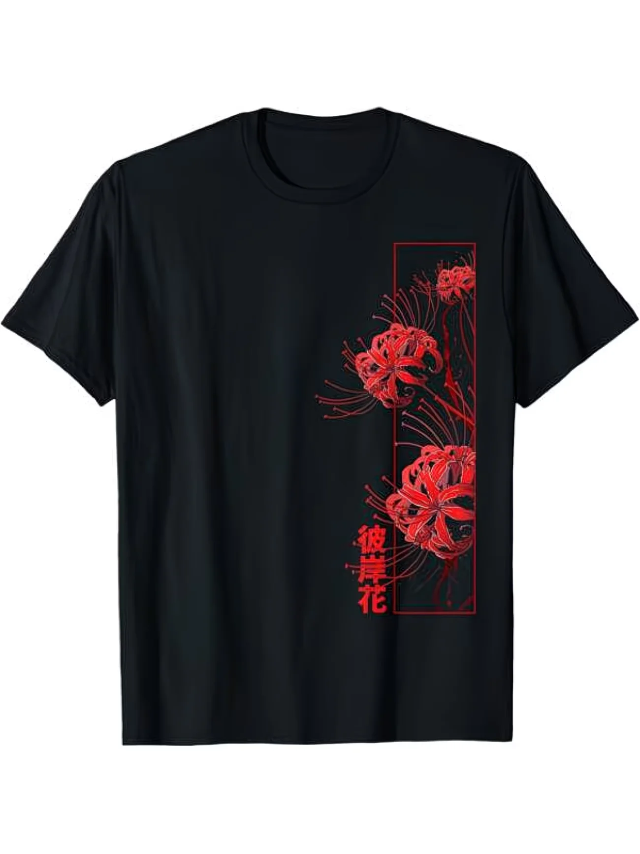 Herren-T-Shirt im Vintage-Ästhetik-Anime-Stil mit der roten Spinnenlilie, die in Japan als Higanbana bezeichnet wird. T-Shirt Streetwear, trendig, übergroß