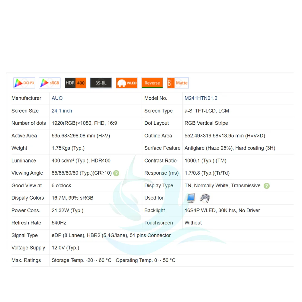 

24 Inch Original LCD Screen model M241HTN01.2 1920×1080 540HZ Computer LCD Screen