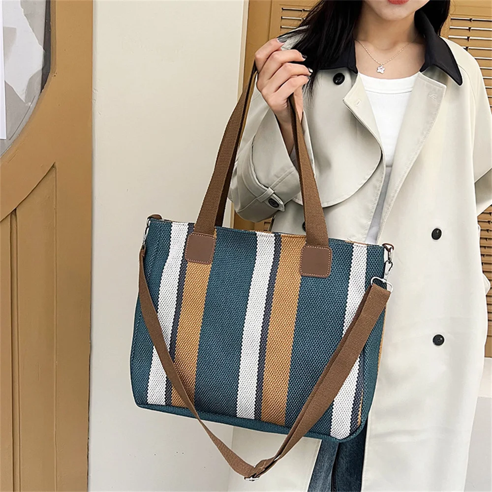 Women\'S Canvas Handbag Striped Large Capacity Female Bag Fashion Commuting Casual Handheld Tote Bag Shoulder Crossbody Bag