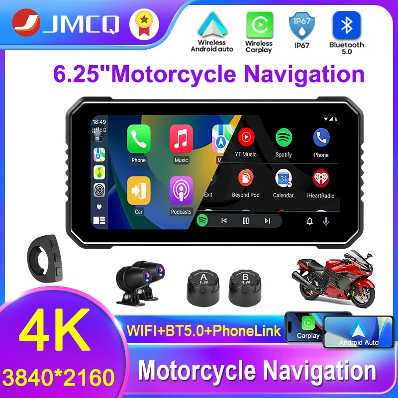 

JMCQ Front 4k+Rear 1080P 6.25 inch Moto DVR Wireless Carplay Android Auto IPX7 Waterproof DVR GPS Motorcycle Navigation Monitor