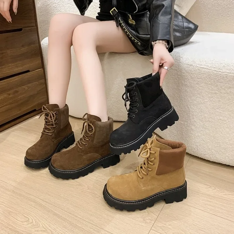 2024 Newest Autumn Winter Handmade Cow Suede Round-Toe Height Increasing Lace-Up Ankle Boot Chelsea Motorcyle Boots