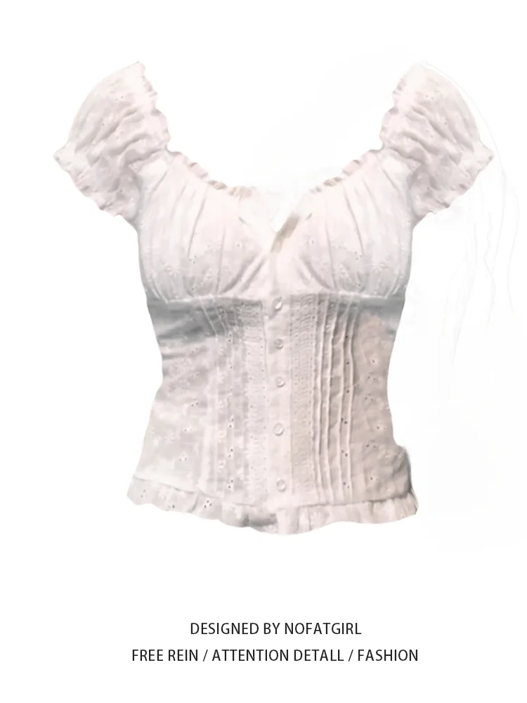Csa Branca de Verão Nova para Mulheres com Detalhes em Renda e Manga Curta Estilo Doce Tamanho Plus