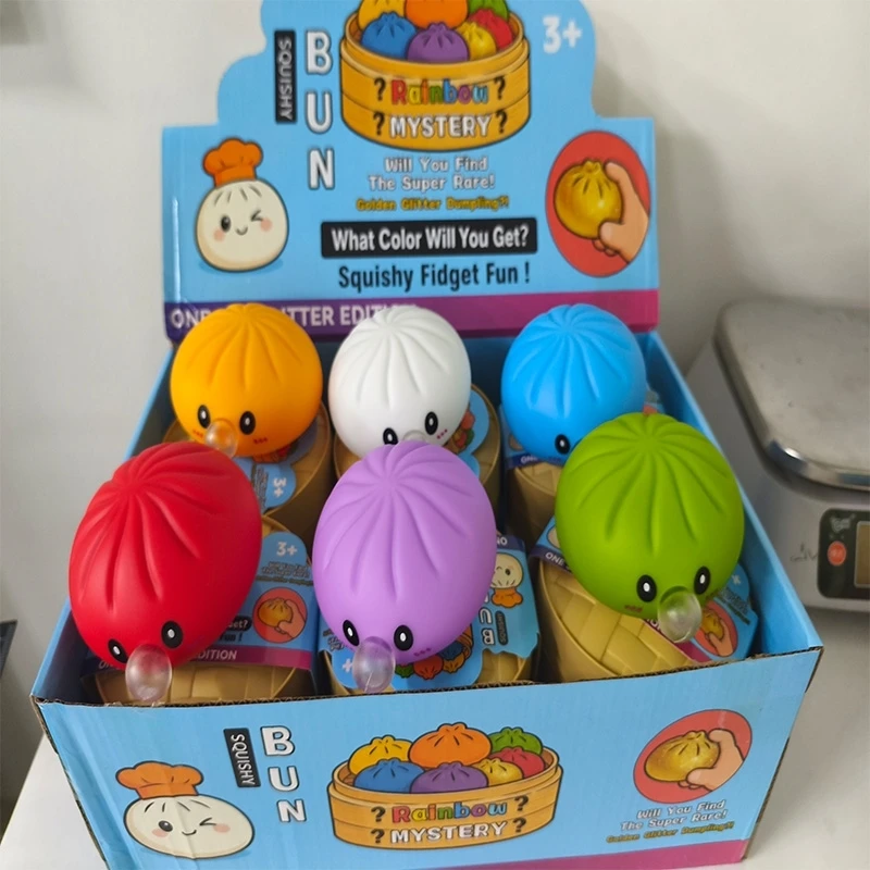 Cute BaoBun Dumpling Squeeze Toy with Steamer Box Stress Relief Squishy Toy with Bubble Blowing Feature Soft Sensory Fidget