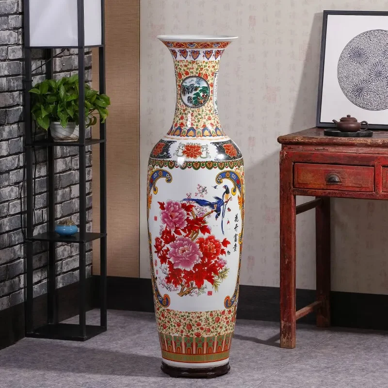 Ceramic Chinese Indoor Table Decorative Glazed Flower Vase Hand-painted Butterfly and Peony Rustic phoenix bird porcelain Vase