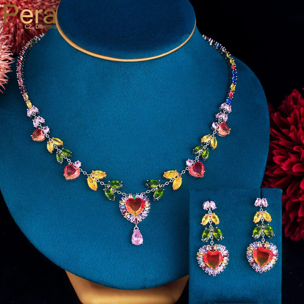 Pera Gorgeous Multicolor CZ Crystal Big Red Heart Drop Necklace and Earrings Sets Bridal Wedding Party Costume Jewelry Gift J372