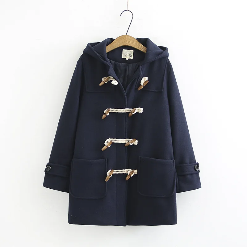

[Ready Stock] High Quality Women Wollen Coat Jacket Literary Solid Color Double Wooden Buckle Loose Hooded Pocket Woolen Jackets