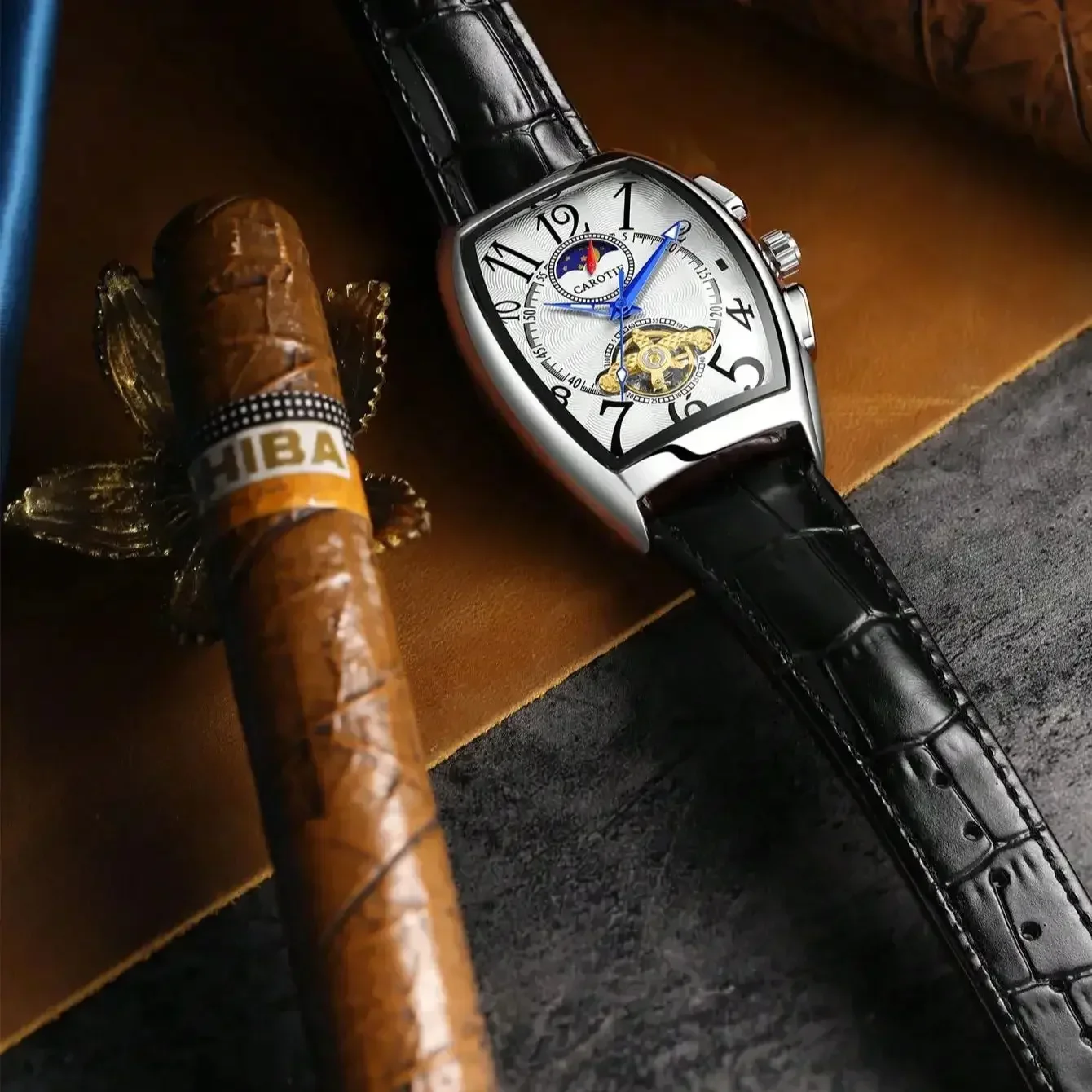 ساعة رجالية جديدة بأسلوب عمل، مكانة راقية، أناقة كلاسيكية، توهج ليلي، مرحلة القمر، ساعة ميكانيكية للرجال