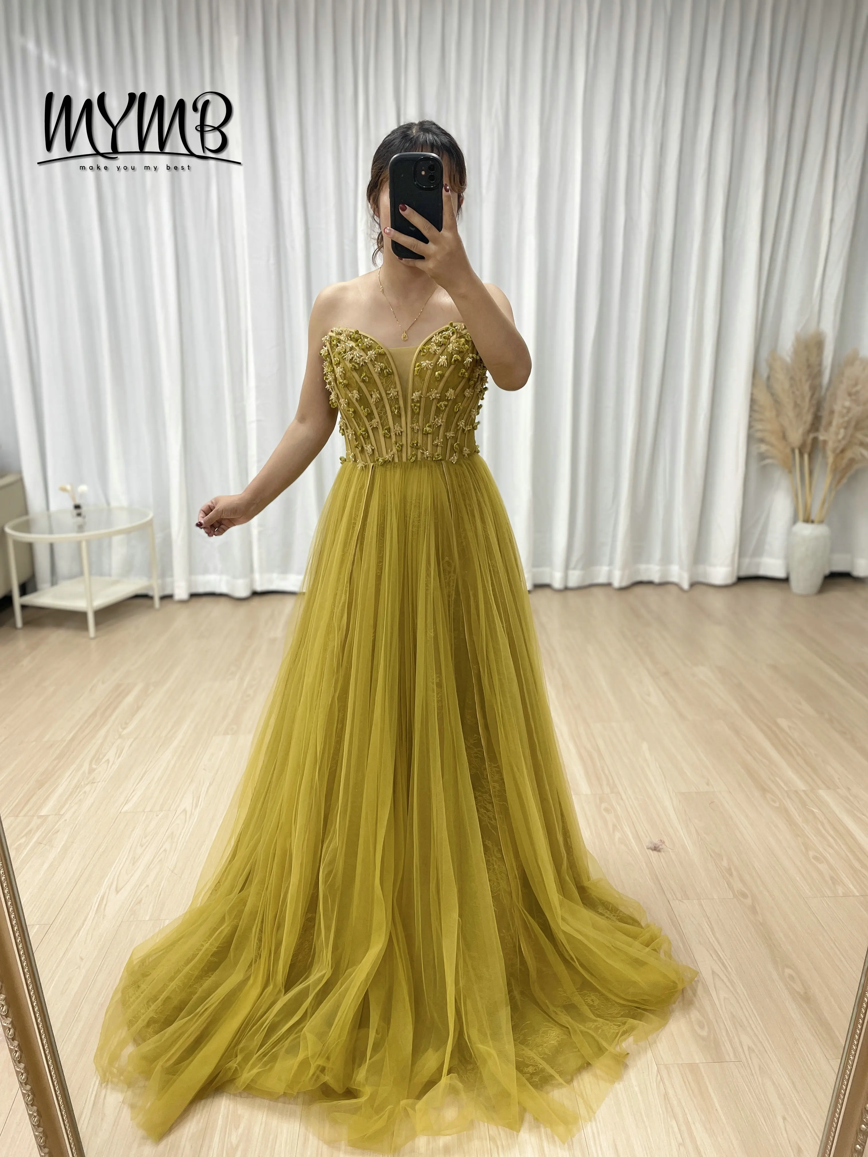 

MYMB Olive Green a Line Beautiful Floral Embroidered Strapless Evening Gown With Beautiful Exquisite Beaded for Prom MB40353