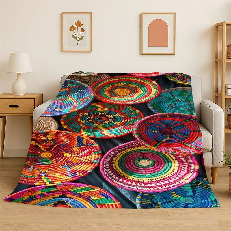 Colorful Flower Woven Baskets Mandala Art Ethiopia Flannel Blanket Soft Throw Blanket for Bedroom Living Room Bed Picnic Cover