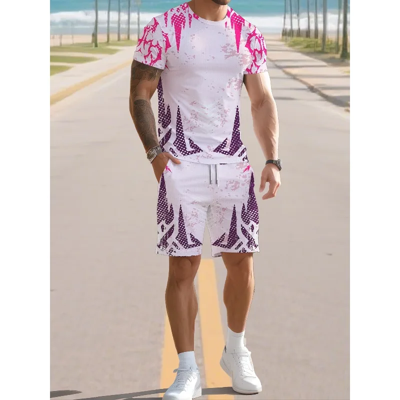 2025 Summer New Trend 3D Digital Printing Casual Round Neck Short Sleeve Shorts Set Retro Men's Fashion T-shirt Creative