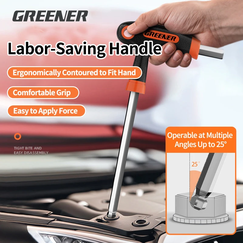 GREENER T Handle Allen Hex Key Set 2-10mm CR-V Steel Ball End Flat Head With Storage Rack For Auto Bike Home Industrial Tool